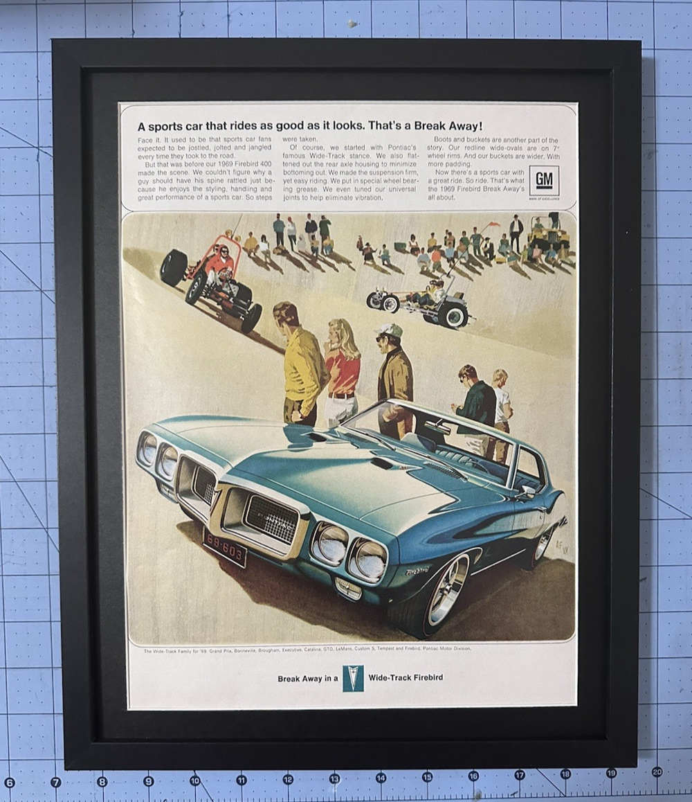 Framed 1969 Pontiac Firebird 400 Blue Sand Dune Buggy MCM Original Print Ad